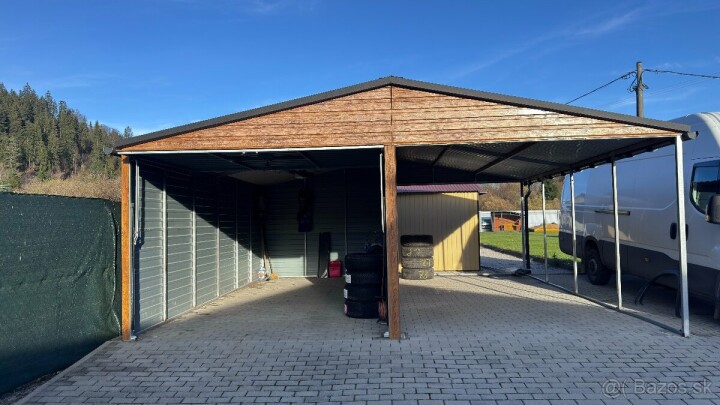 Predaj plechovej montovanej garáže s prístreškom a rozmermi 6x6m
