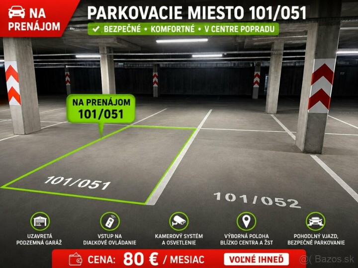Prenájom garážového parkovacieho miesta v Karpatskej Residence za 80€/mes.