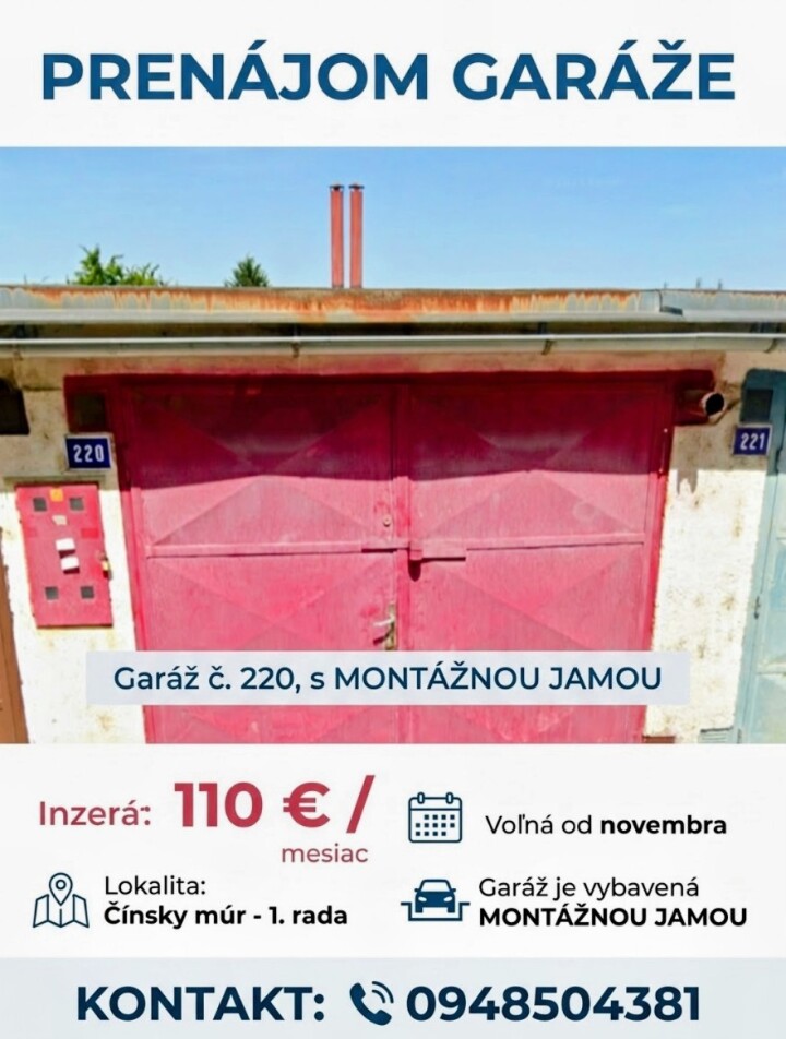 Prenájom priestrannej garáže s montážnou jamou na Čínskom múre
