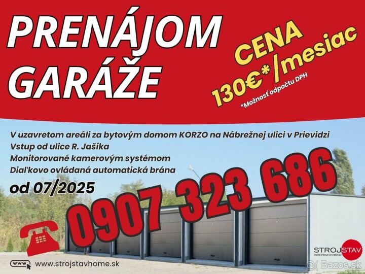 Prenájom novopostavených garáží v Prievidzi