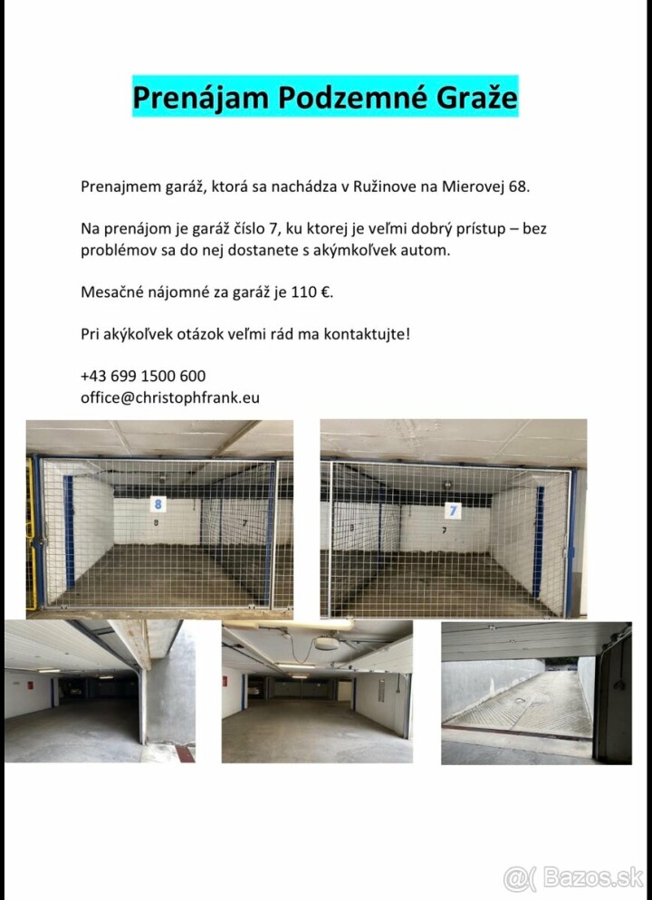 Garáž na prenájom v Ružinove, Bratislava
