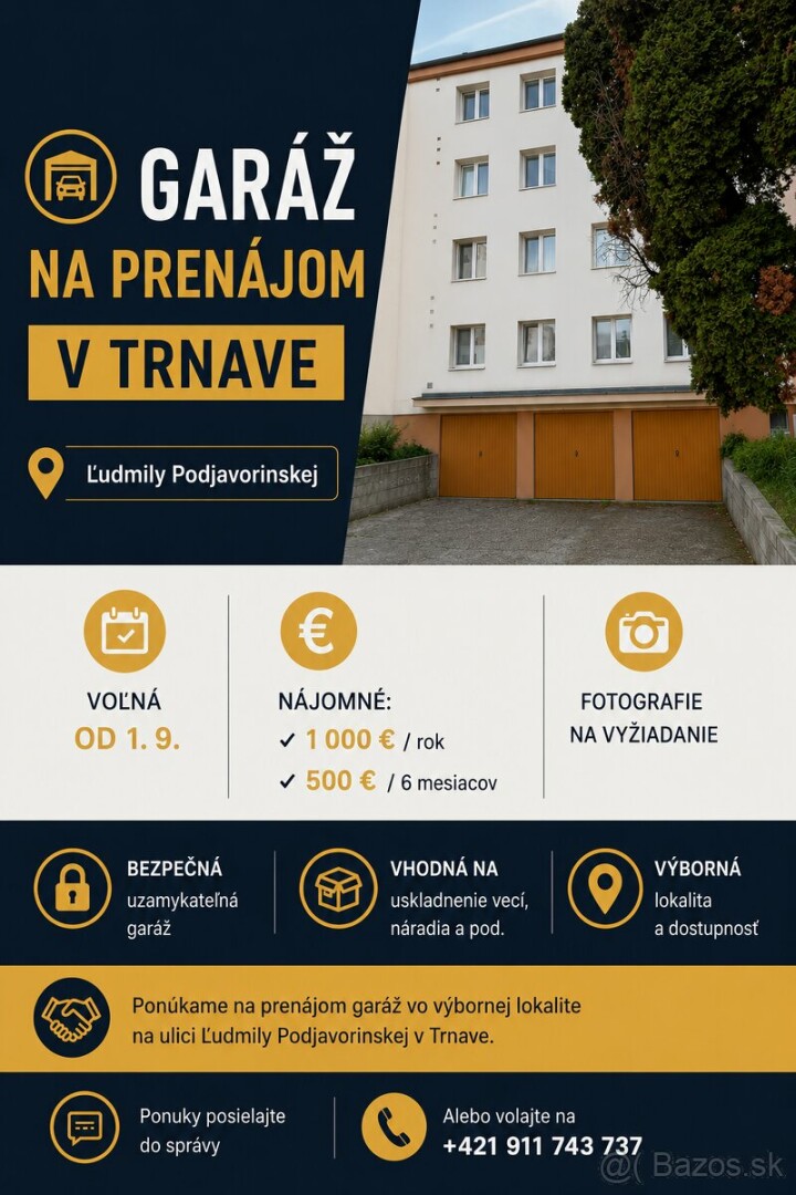 Prenájom uzamykateľnej garáže na Ľ. Podjavorinskej v Trnave