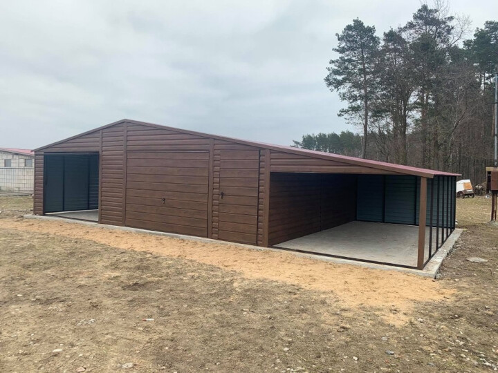 Plechová garáž 9x6 m s prístreškom 2 m