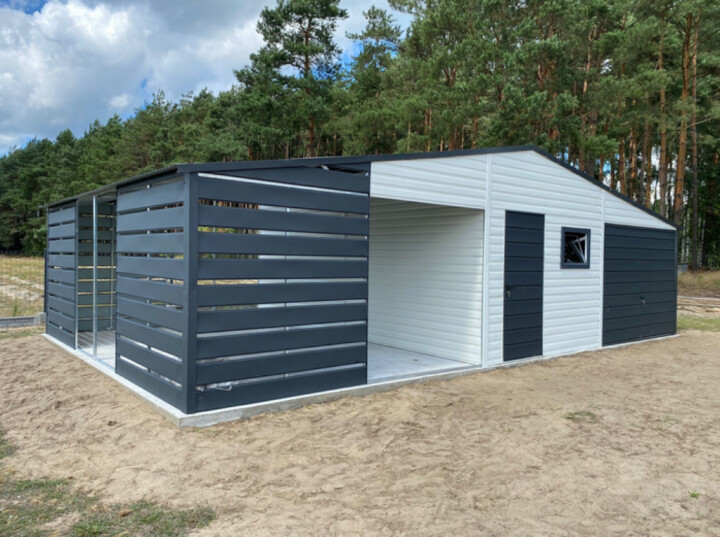 Plechová garáž 6x6 m s prístreškom 4 m na predaj