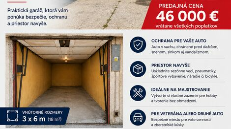 Samostatná garáž na predaj v Dúbravke s elektrinou a nízkymi nákladmi