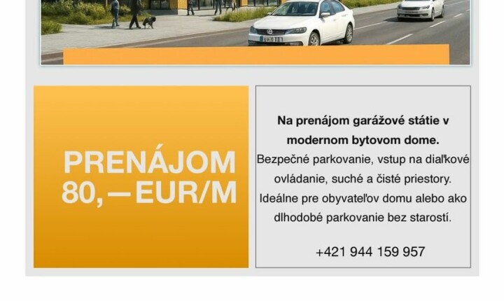 Na prenájom parkovacie miesto v garáži v novostavbe Panónka