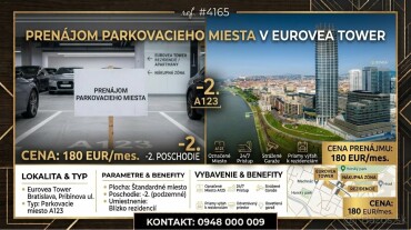 Parkovacie miesto na prenájom v Eurovea Tower