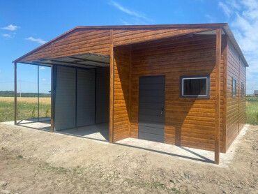 Plechová garáž 9x9 s prístreškom a technickou miestnosťou