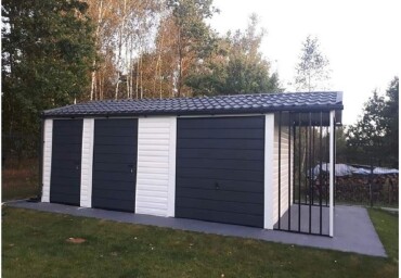 Plechová garáž Premium 5x4 m s prístreškom na drevo