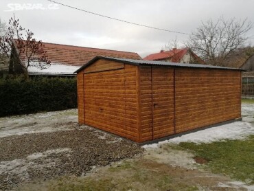 Plechová garáž s drevovým vzorom 4x6m Premium+ s dverami