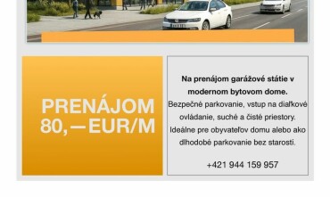 Na prenájom parkovacie miesto v garáži v novostavbe Panónka